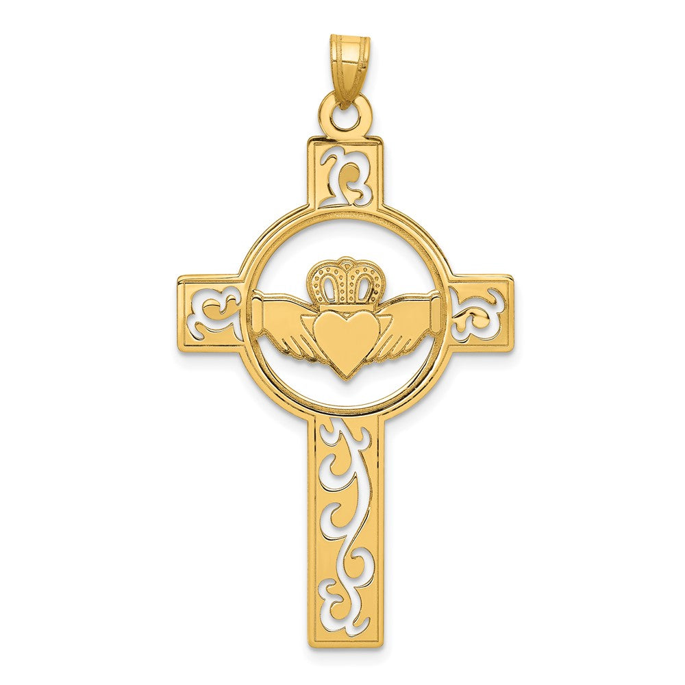 14k Laser-Cut Claddagh Cross Charm, 47 x 26 mm