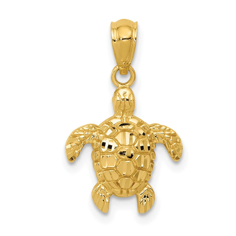 14K Gold Polished and Textured Diamond-cut Turtle Pendant, 20 x 12 mm