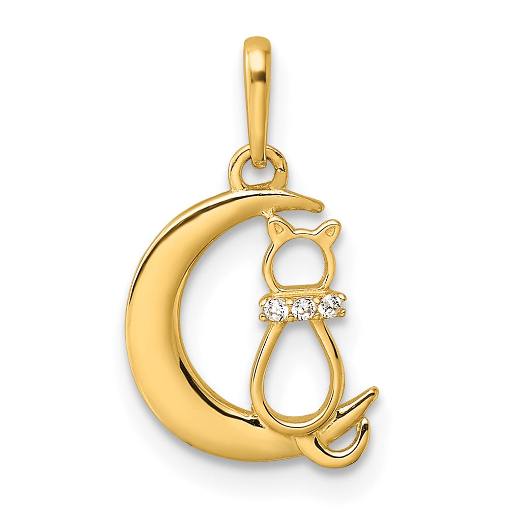 14k CZ Cat and Moon Childrens Pendant, 18 mm