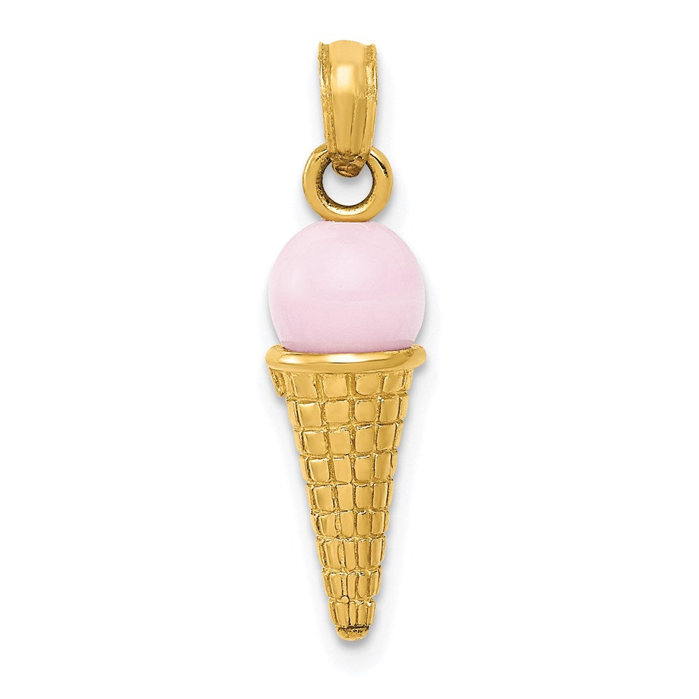 14K Satin Polished 3-D Pink Quartz Bead Ice Cream Cone Charm, 23 x 6 mm