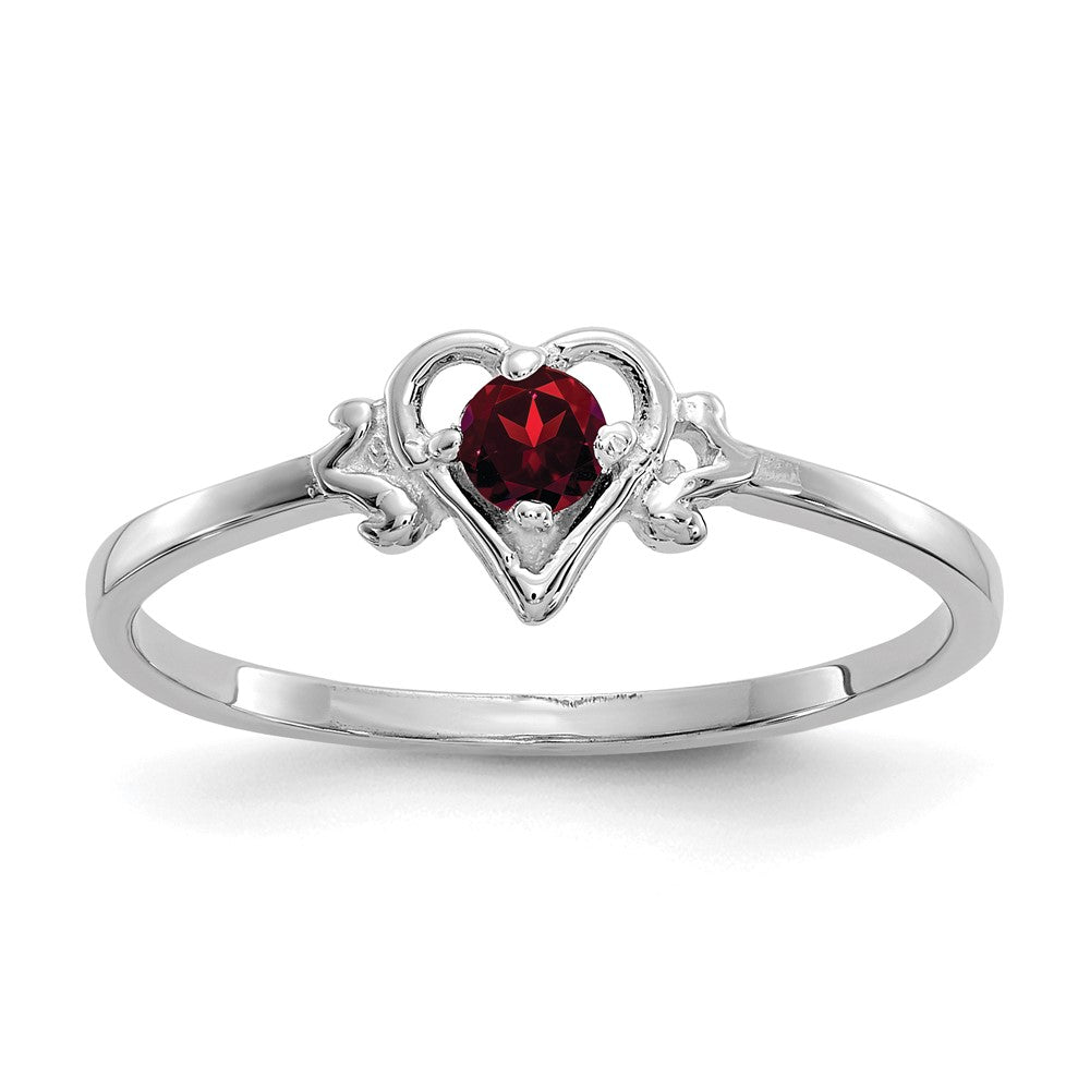 14K White Gold 3mm Round Garnet Birthstone Heart Ring, 0.13 ct, Size 7