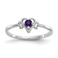 14K White Gold 3mm Round Amethyst Birthstone Heart Ring, 0.1 ct, Size 7