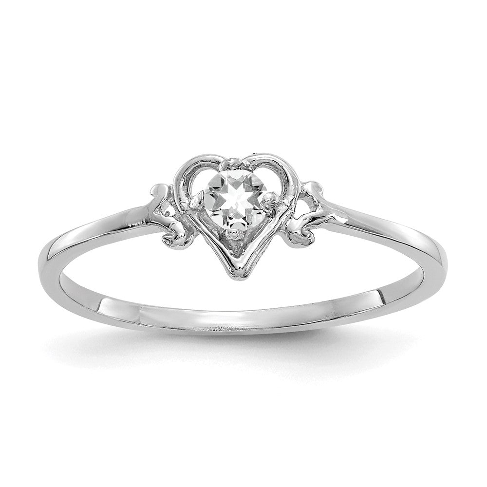 14K White Gold 3mm Round White Topaz Birthstone Heart Ring, 0.15 ct, Size 7