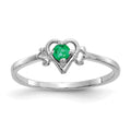 14K White Gold 3mm Round Emerald Birthstone Heart Ring, 0.11 ct, Size 7