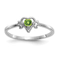 14K White Gold 3mm Round Peridot Birthstone Heart Ring, 0.12 ct, Size 7