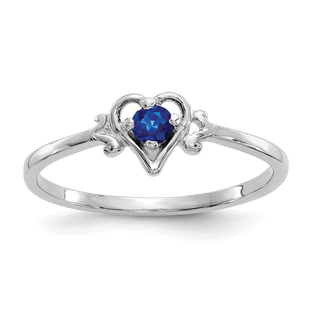 14K White Gold 3mm Round Sapphire Birthstone Heart Ring, 0.17 ct, Size 7