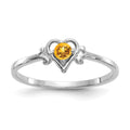 14K White Gold 3mm Round Citrine Birthstone Heart Ring, 0.1 ct, Size 7