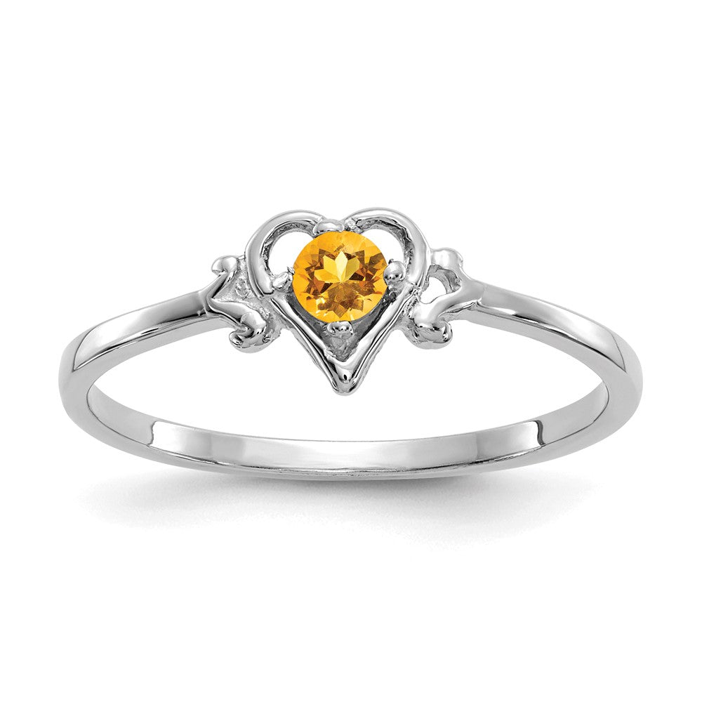 14K White Gold 3mm Round Citrine Birthstone Heart Ring, 0.1 ct, Size 7