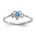 14K White Gold 3mm Round Blue Topaz Birthstone Heart Ring, 0.1 ct, Size 7