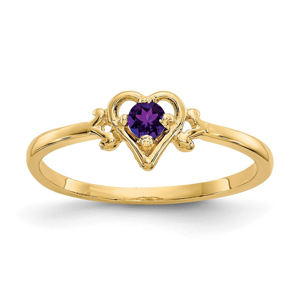 14k 3mm Round Amethyst Birthstone Heart Ring, 0.1 ct, Size 7