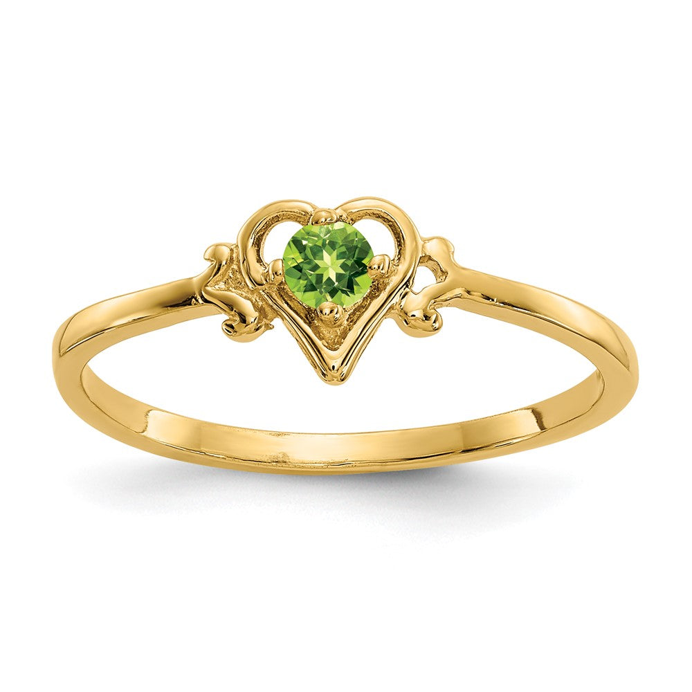 14k 3mm Round Peridot Birthstone Heart Ring, 0.12 ct, Size 7