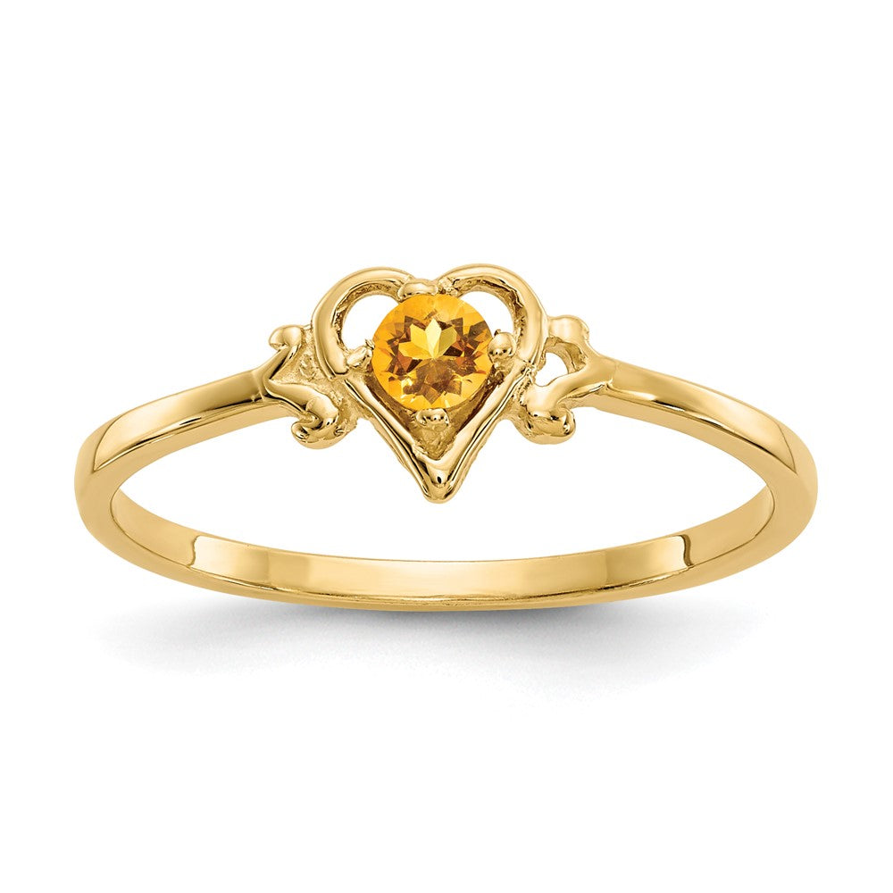 14k 3mm Round Citrine Birthstone Heart Ring, 0.1 ct, Size 7