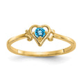 14k 3mm Round Blue Topaz Birthstone Heart Ring, 0.1 ct, Size 7