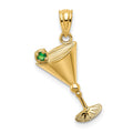 14k Martini Glass with Green CZ Olive Pendant, 22 x 10 mm