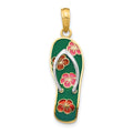 14K and White Rhodium 3-D Enameled Flowers On Green Flip Flop Pendant, 29 x 9 mm