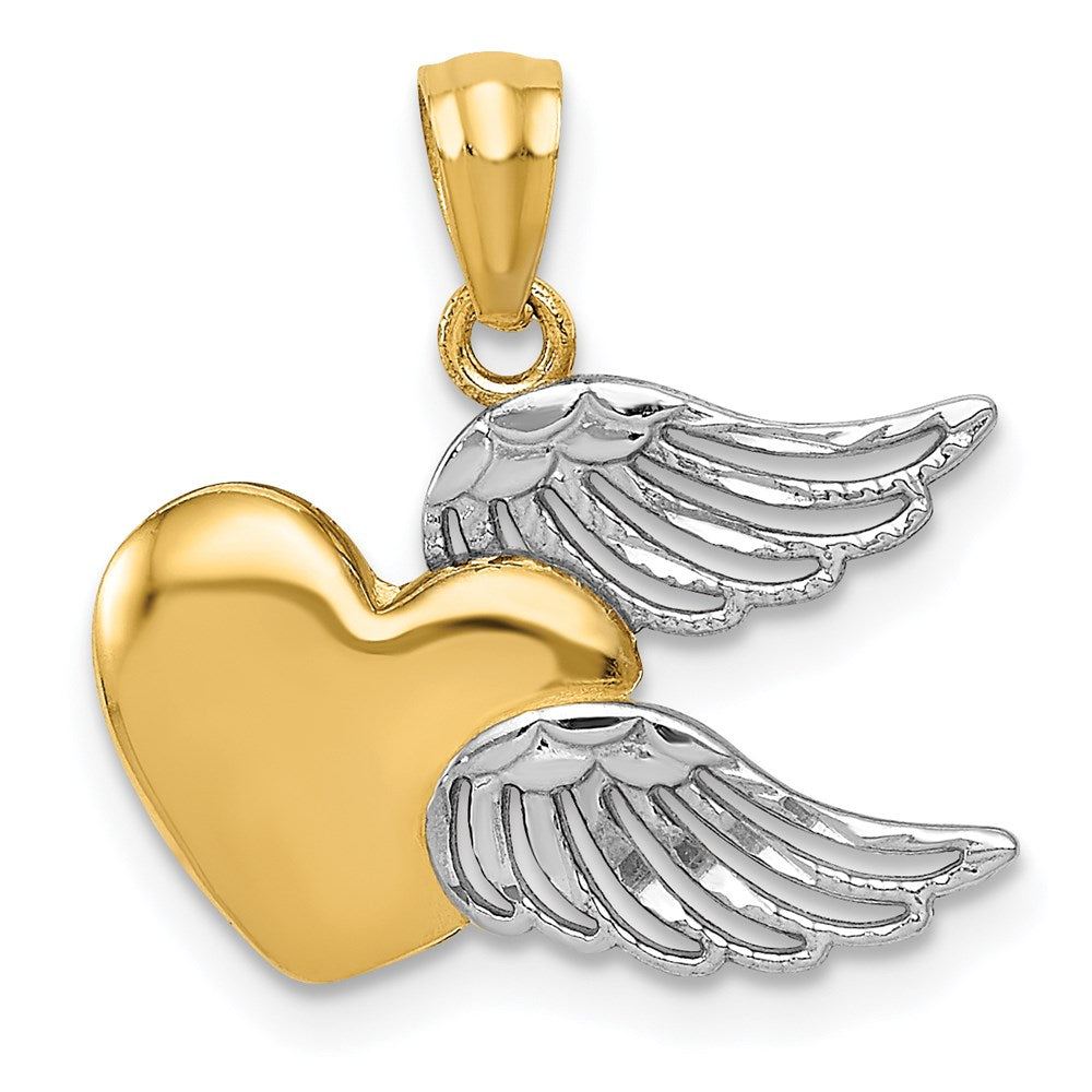 14K and White Rhodium Polished Heart with Wings Pendant, 19 x 18 mm
