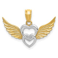 14K and White Rhodium Polished Hearts with Wings Pendant, 17 x 23 mm