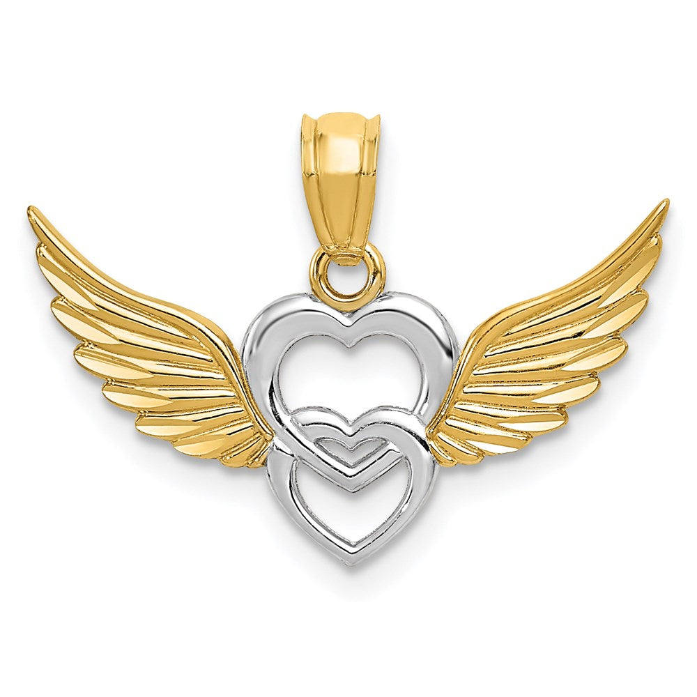 14K and White Rhodium Polished Hearts with Wings Pendant, 17 x 23 mm
