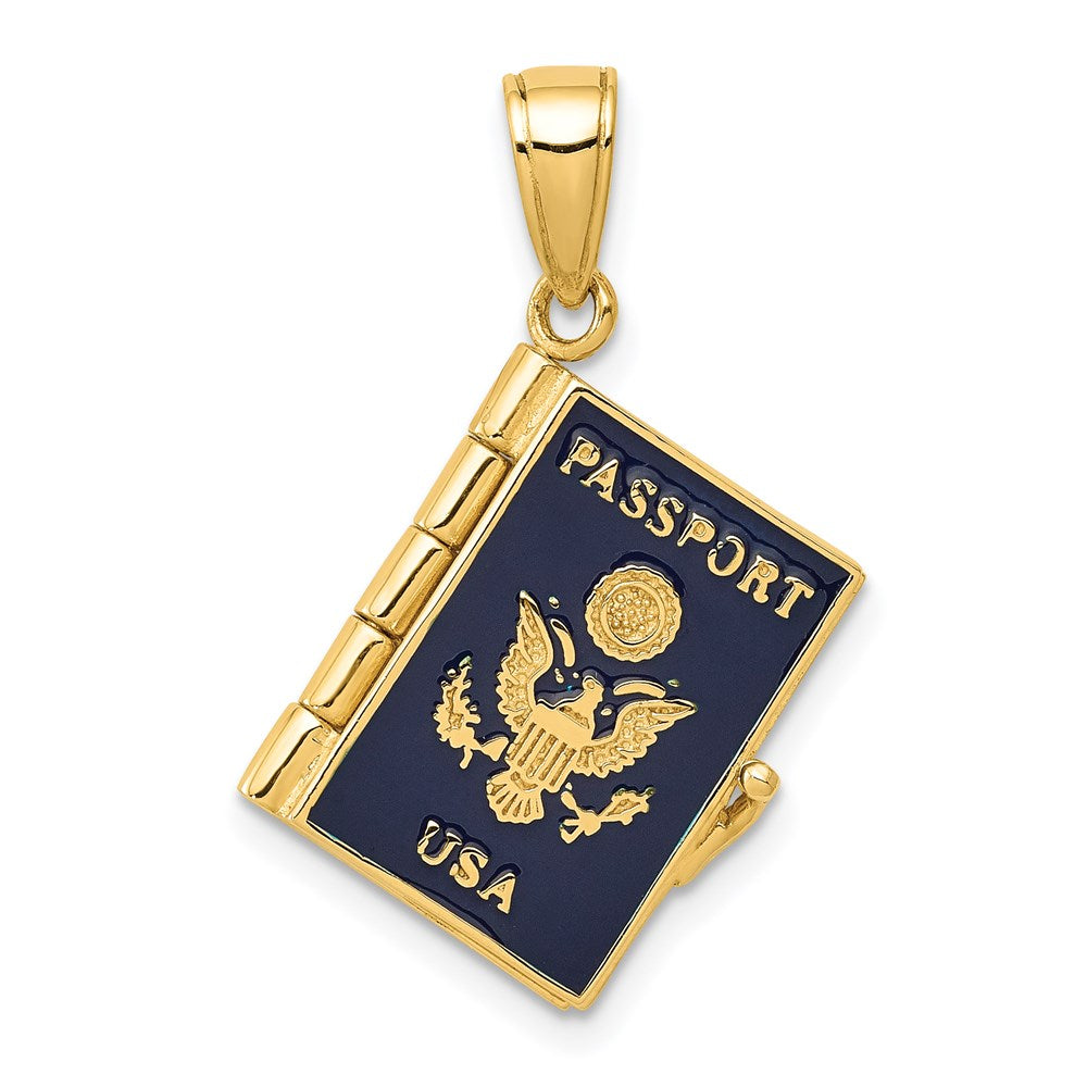 14K Blue Enamel 3-D Passport Opens with One Page Inside Pendant, 25.5 x 18 mm
