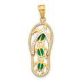 14K Green Enameled Cut-out Flip Flop with Sea Turtles Pendant, 34 x 11 mm