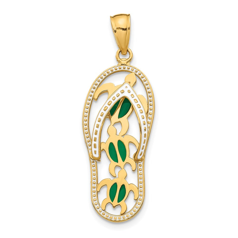 14K Green Enameled Cut-out Flip Flop with Sea Turtles Pendant, 34 x 11 mm