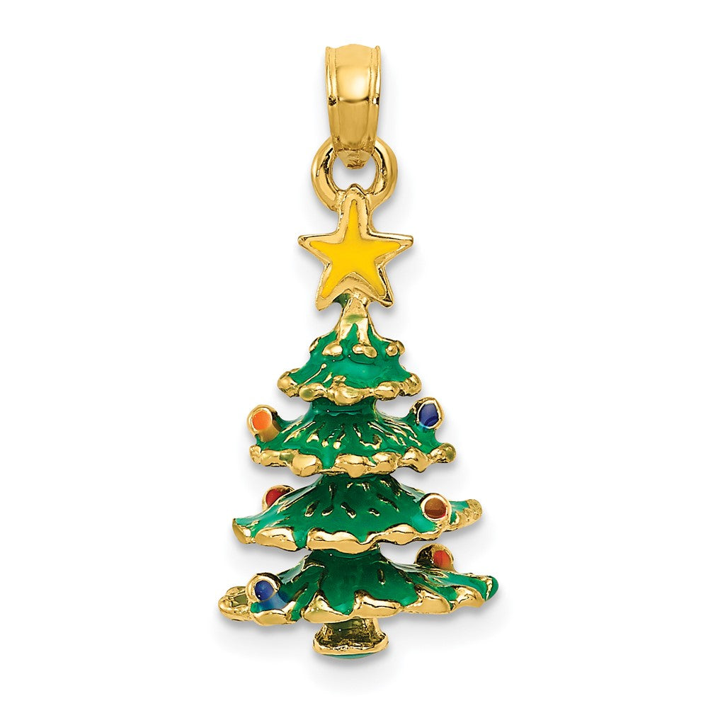 14k 3-D Enameled Christmas Tree Pendant, 21 x 10 mm