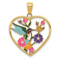14k Enameled Hummingbird with Flowers Heart Pendant, 28 x 22 mm