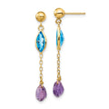 14K Amethyst and Blue Topaz Dangle Post Earrings, 35 x 5 mm