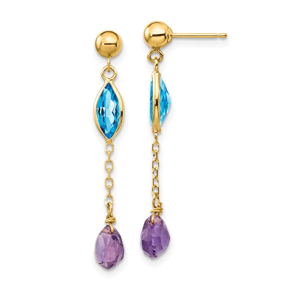 14K Amethyst and Blue Topaz Dangle Post Earrings, 35 x 5 mm