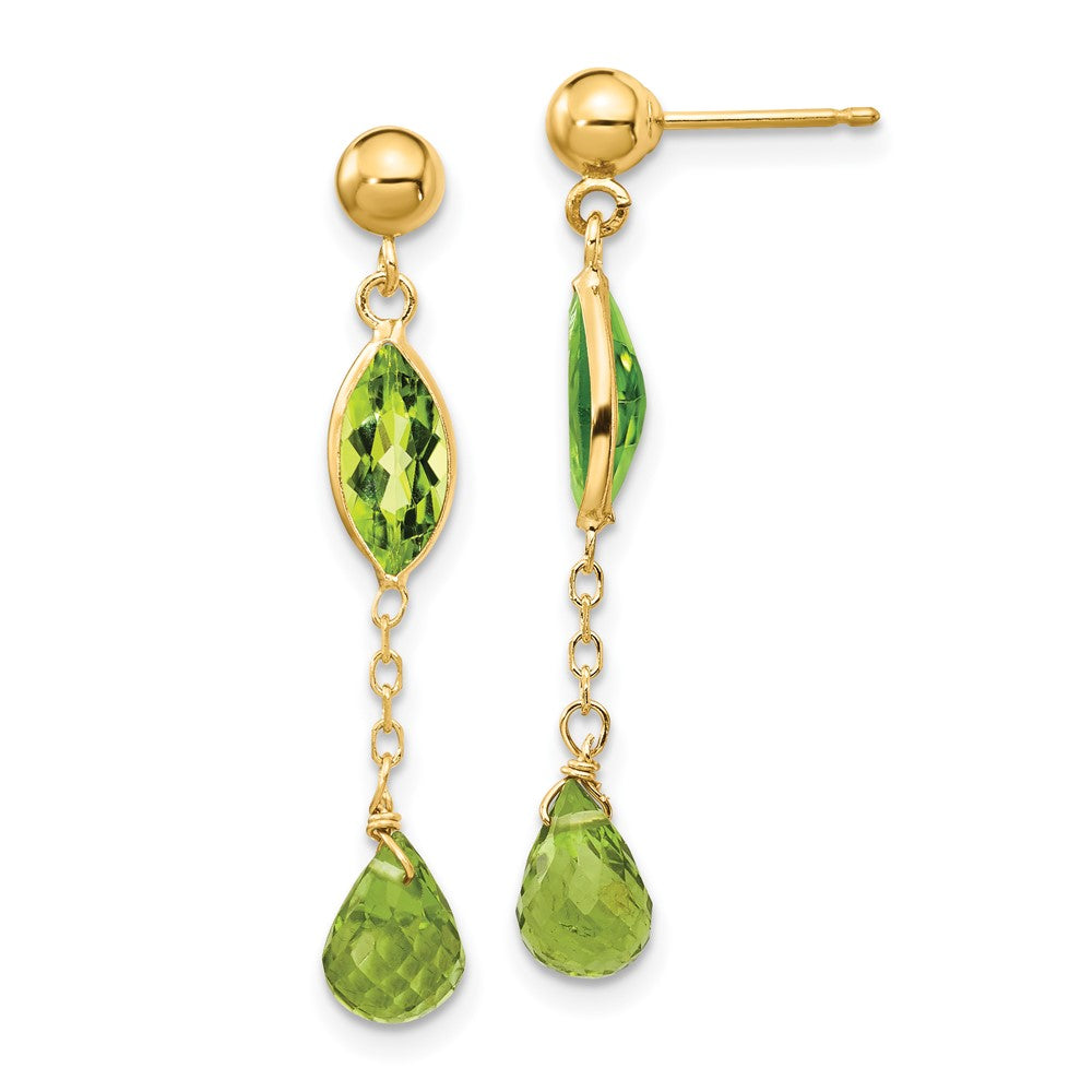 14K Peridot Chain Dangle Post Earrings, 35 x 5 mm