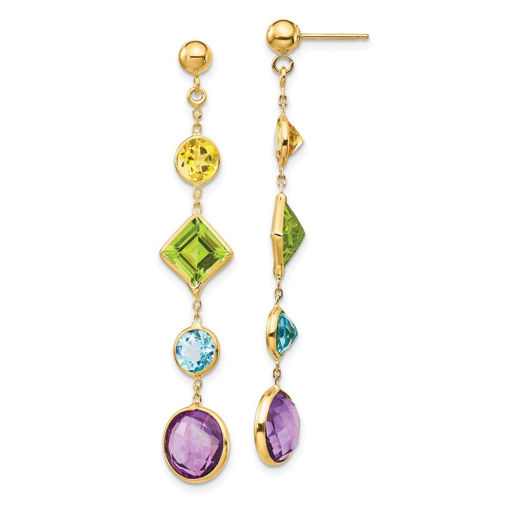 14K Citrine/Peridot/Blue Topaz/Amethyst Dangle Post Earrings, 3.7 ct, 47 x 7 mm