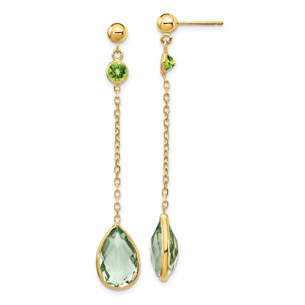 14K Round Peridot/Pear Green Quartz Chain Dangle Post Earrings, 7.02 ct, 50 x 8 mm