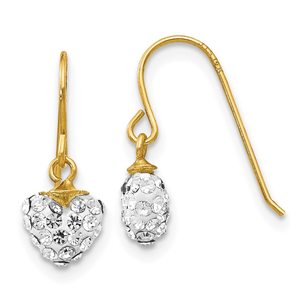 14k Crystal Heart Dangle French Hook Earrings, 15 x 7 mm