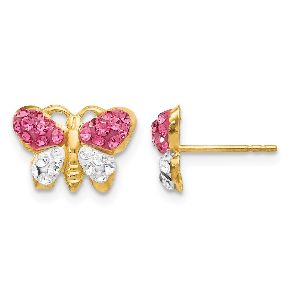 14k Pink and White Crystal Butterfly Post Earrings, 7 x 11 mm