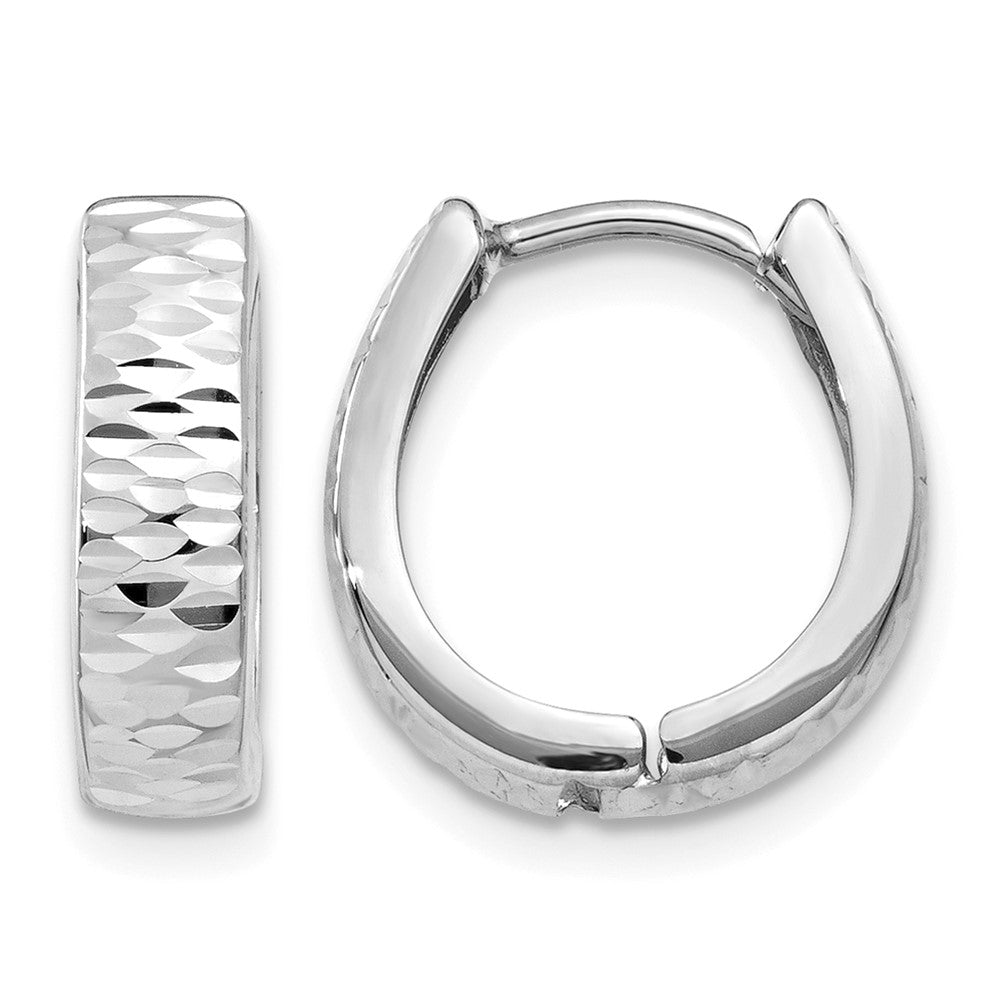 14K White Gold Textured and Polished Hinged Hoop Earrings, 12 x 3 mm
