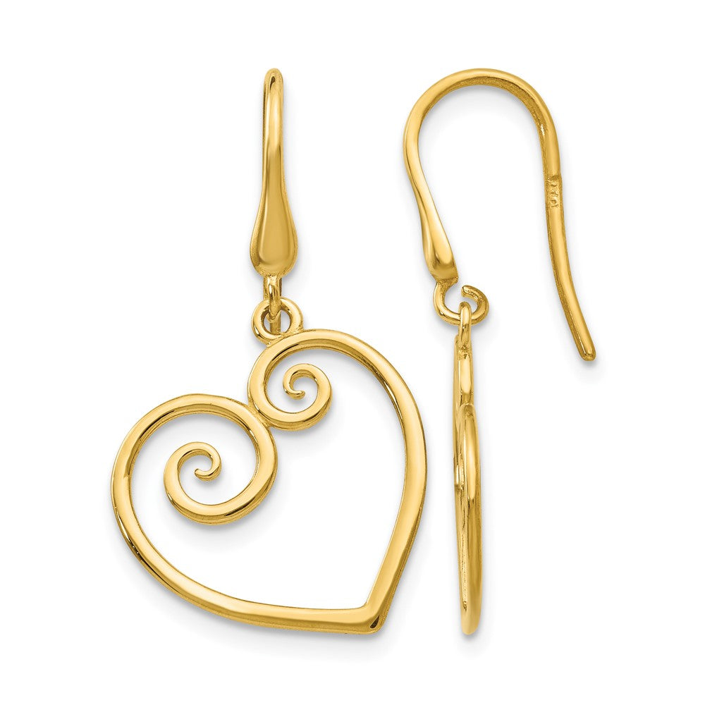14K Fancy Scrolled Heart Dangle French Hook Earrings, 29 x 16 mm