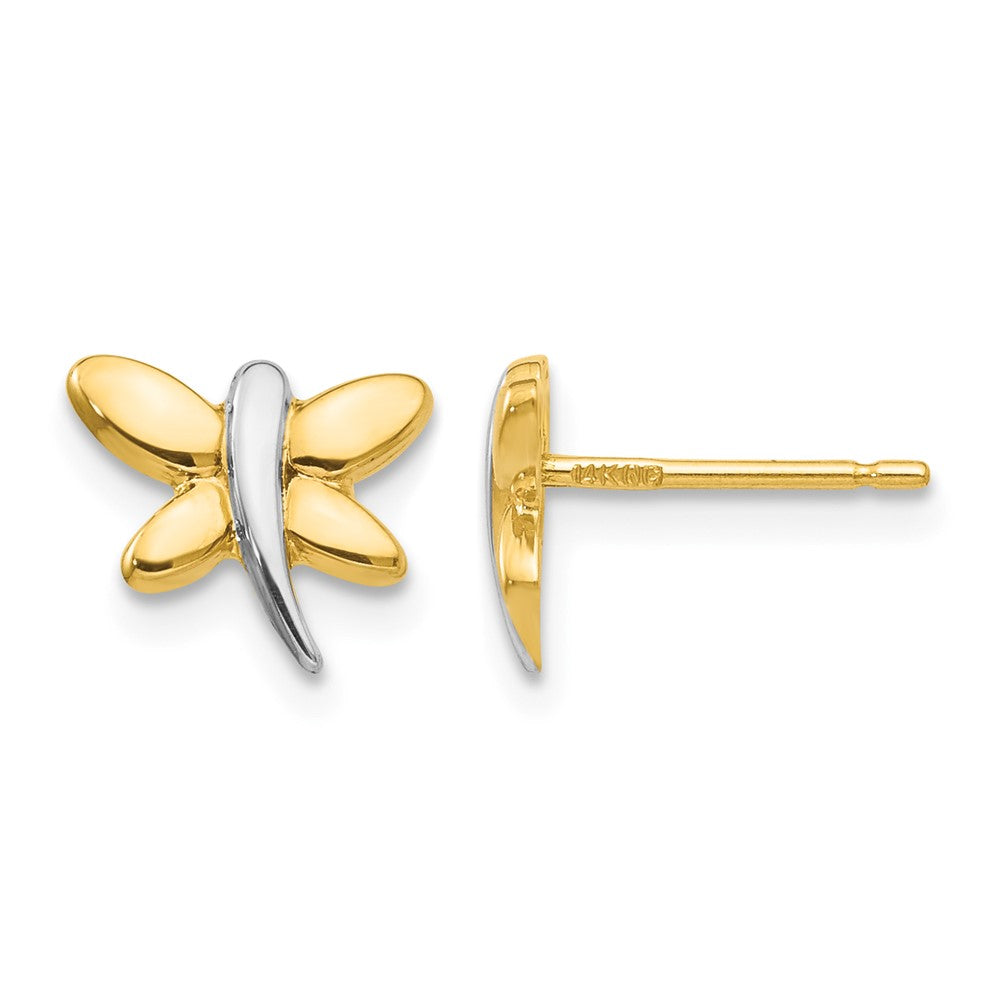 14k with White Rhodium Polished Dragonfly Post Earrings, 10 x 8 mm