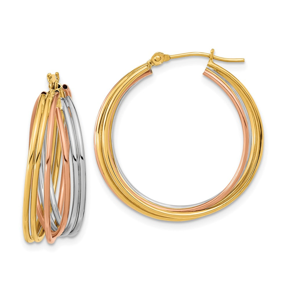 14k Tri-color Fancy Hollow Tube Hoops, 25.6 x 25.1 mm