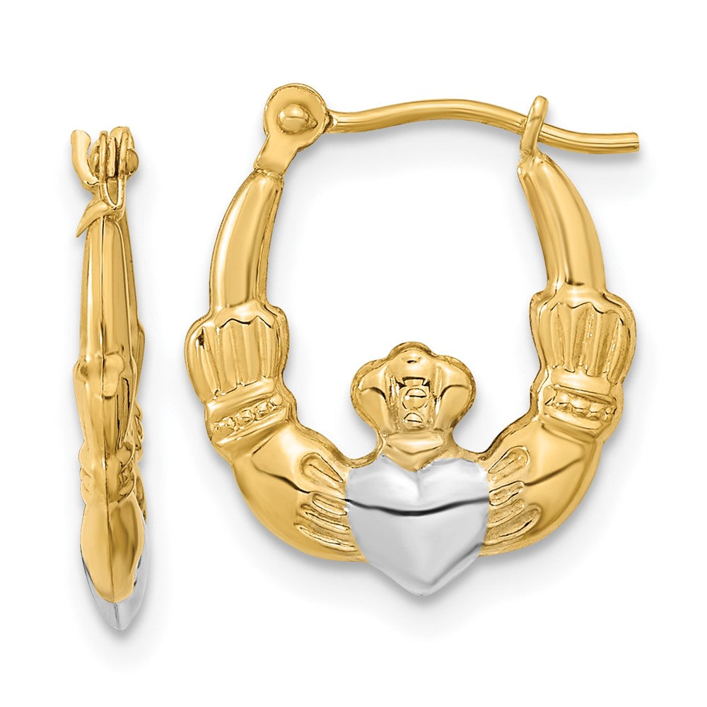 14k w/White Rhodium Polished Claddagh Hoops, 16.5 x 2.5 mm