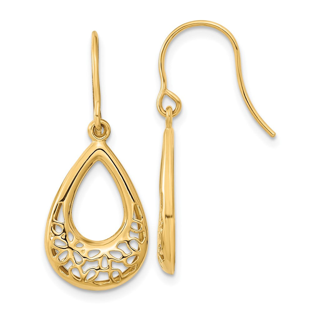 14k Polished Filigree Teardrop Dangle French Hook Earrings, 31.5 x 12.5 mm