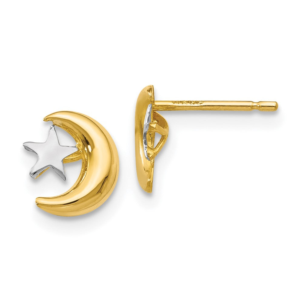 14k and White Rhodium Polished Moon and Star Post Earrings, 7.5 x 6.5 mm