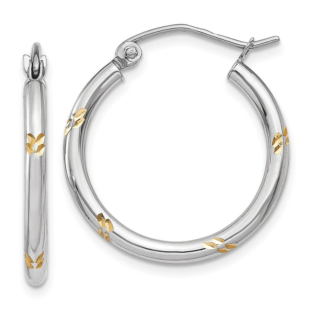 14k White Gold and Yellow Rhodium D/C Hoop Earrings, 19 x 2 mm