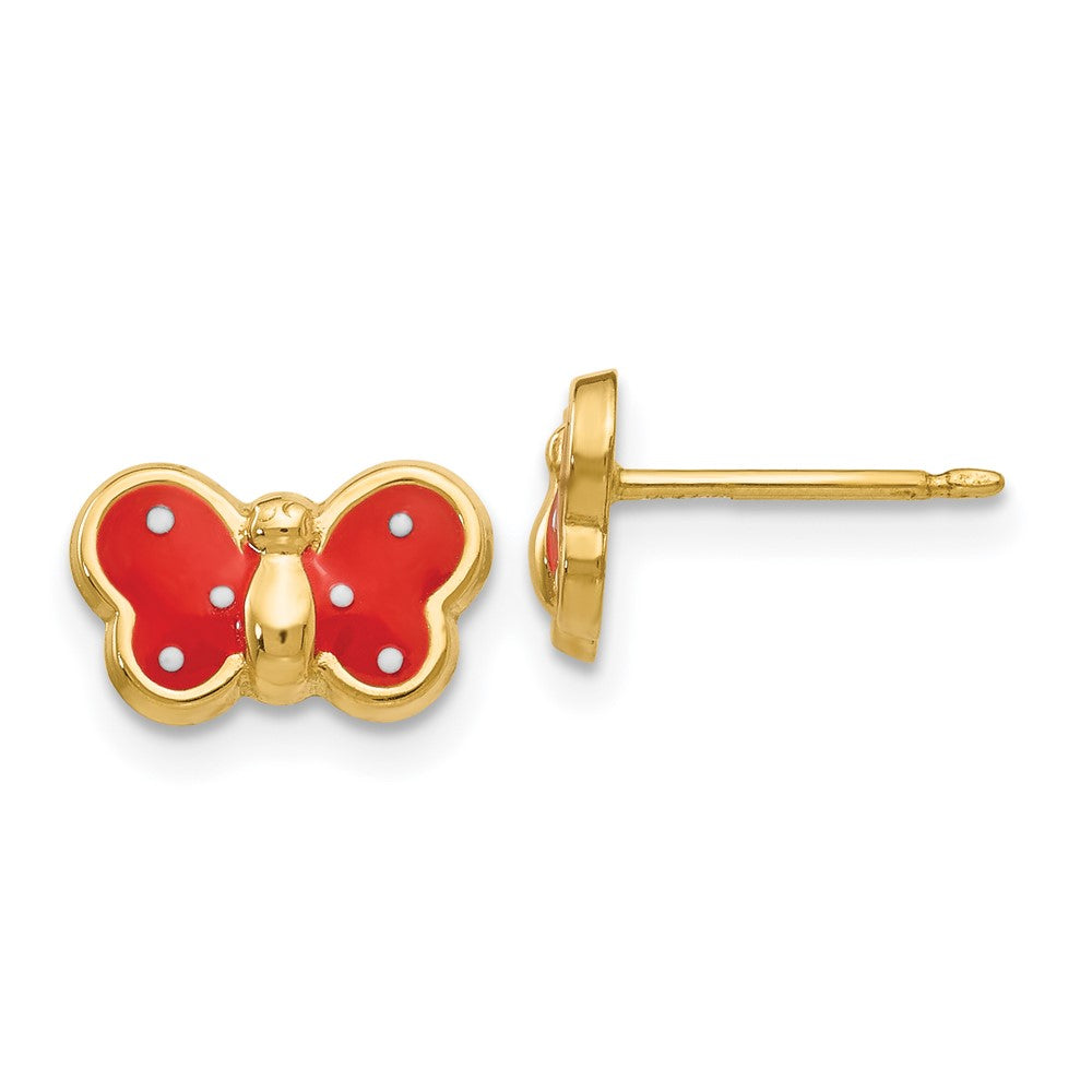 14k Red and White Enameled Butterfly Post Earrings, 7 x 10 mm
