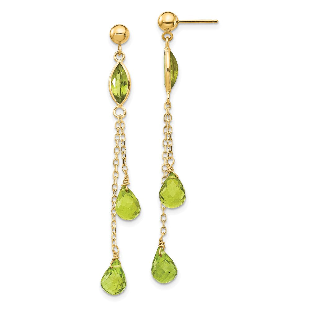 14k Peridot Chain Dangle Post Earrings, 3.8 ct, 52 x 6 mm