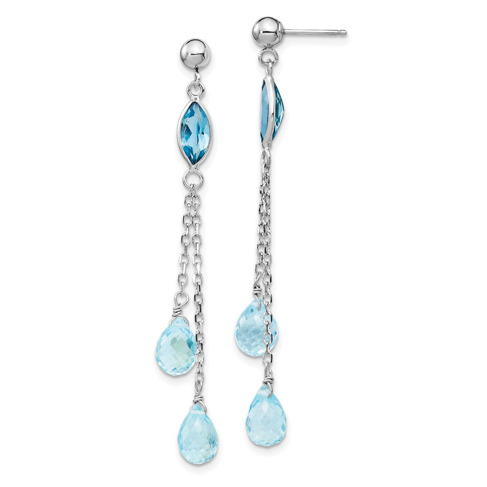 14k White Gold Blue Topaz Chain Dangle Post Earrings, 51 x 5 mm