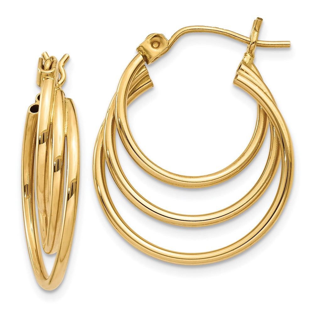 14k Triple Hoop Earrings, 17 x 4 mm