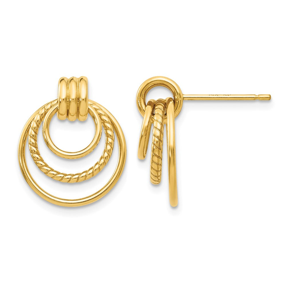 14k Polished and Textured Triple Circle Post Earrings, 17 x 15 mm
