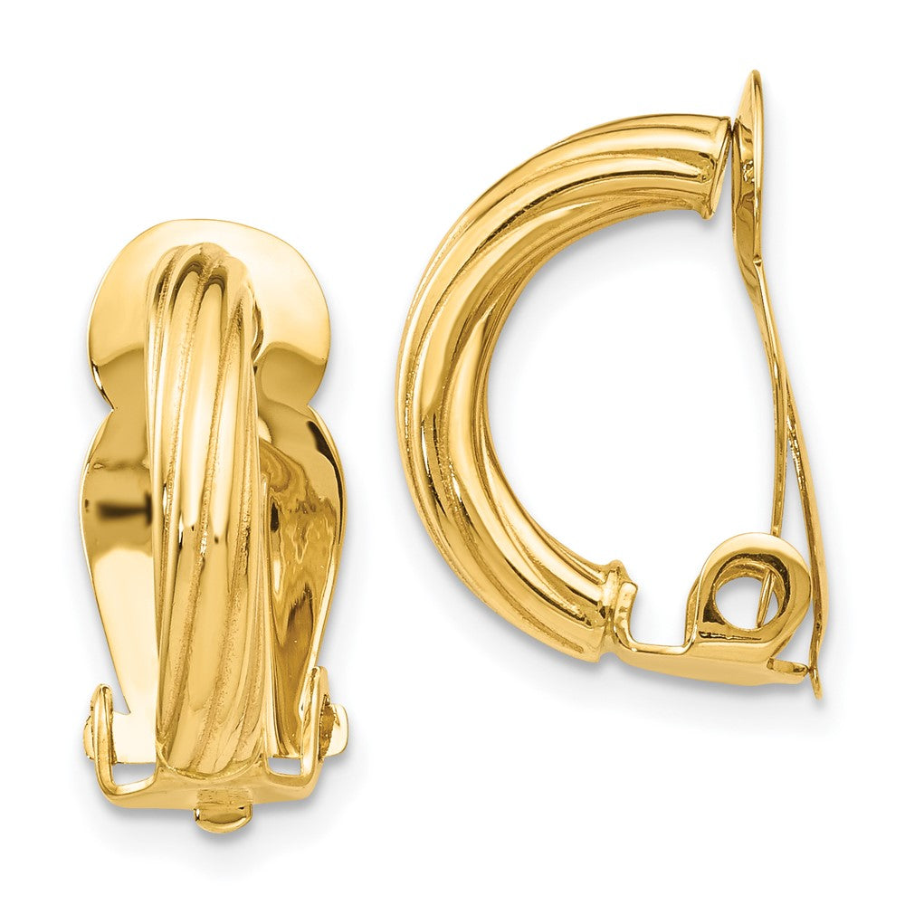 14k 3x16mm Ribbed Half Hoop Omega Back Non-Pierced Earrings, 16 x 3 mm