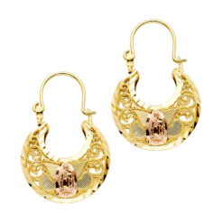 14k Tricolor Gold Basket Lady Gaudalupe Hook Earrings Diamond Cut Polished Finish Design 29mm x 20mm