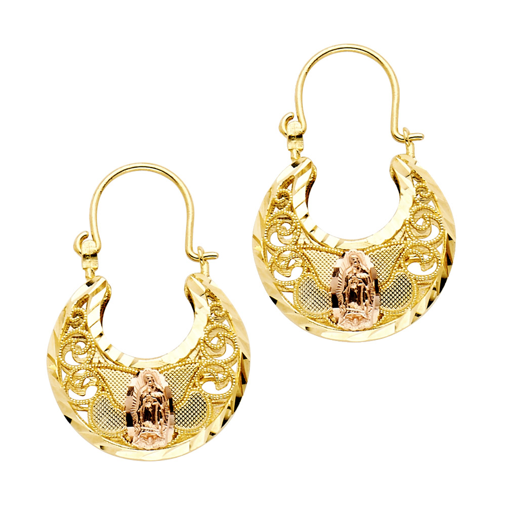 14k Tricolor Gold Basket Lady Gaudalupe Hook Earrings Diamond Cut Polished Finish Design 29mm x 20mm